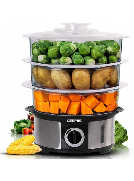 Geepas 3-Tier Food Steamer 12L Capacity | Electric Vegetable Steamer with BPA Free Removable Baskets for Healthy Steam Cooking | 75 Minutes Timer & 1000W Power | Stainless Steel Housing - TZZGV3MG