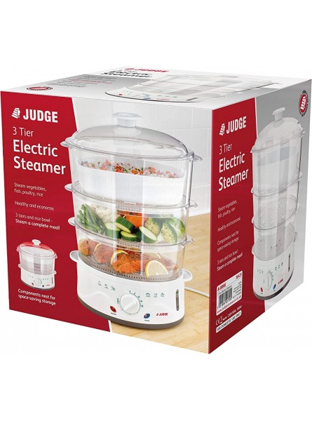 Judge JEA25 Electric 3 Tier Steamer Set with 3 BPA-Free Steamers 1 Rice Bowl Lid Boil Dry Protection 20cm x 22cm x 43cm 800W 2 Year Guarantee - WKRBOIPU