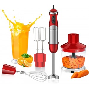 Bonsenkitchen Hand Blender 5-in-1 Stainless Steel Hand Immersion Blender 800W Stick Blender with Beaker & Food Processor Stainless Steel Blade Whisk for Egg Smoothies Soups Sauces HB8005 Red - WPYBYBMD