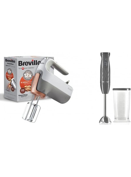 Breville HeatSoft Electric Hand Mixer | Warms Butter for Better Results [VFM021] & Flow Hand Blender | Powerful 500W Stick Blender | 500ml Beaker with Storage Lid | Slate Grey [VHB187 ] - AYHKVS5M