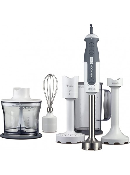 Kenwood Hand Blender Anti-Splash Mixer Includes 5 Attachments 0.5L Chopper Soup & Masher Attachment Whisk and 0.75L BPA-Free Plastic Beaker 800 W HDP406 White Silver - RDWE2YTO