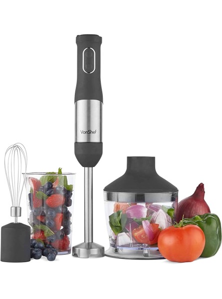 VonShef 3in1 Hand Blender 800W Stainless Steel Handheld Electric Whisk with Attachments & Speed Dial Mini Vegetable Chopper Food Processor Immersion Blender with 500ml Bowl & 600ml Mixing Beaker - DCSTX18Q