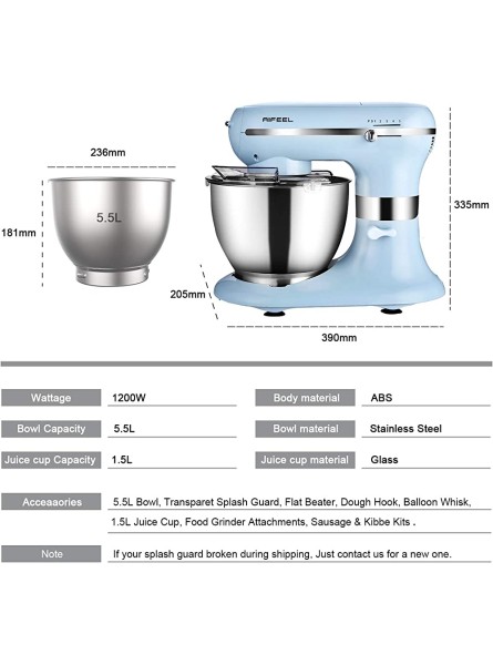 Aifeel Kitchen Mixers 1200W Multifunction Electric Stand Mixer with 5L Food Grade Bowl Mixing Accessories Food Grinder and Blender- 5 Speed Settings - LTRKP505