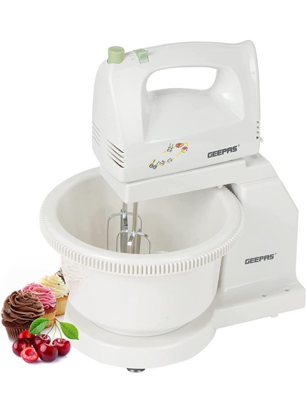 Geepas 2 in 1 Twin Hand & Stand Mixer 250W | Detachable Mixing Function | 5 Speed Tilt-Head Kitchen Mixer with 2.2L Rotary Bowl for Baking Includes 2X Beaters 2X Dough Hooks | 200W Plastic White - VQALBFR4
