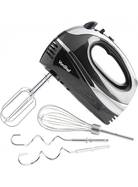 VonShef Electric Hand Mixer Black Electric Whisk with Stainless Steel Beaters Dough Hooks & Balloon Whisk – Lightweight Electric Mixer with 5 Speed Settings Turbo Boost & Easy Eject Button 300W - RSDSPGT8