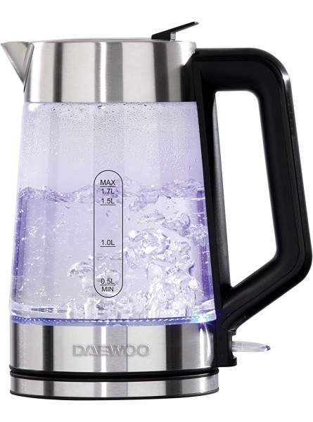 Daewoo SDA2102 1.7L 3000W Easy-Fill Kettle with Illuminated Glass Body 360° Swivel Base and Water Level Gauge Built-In Safety Features for Left and Right Handed Silver - HZLD714U