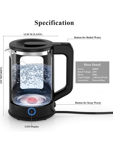 Electric Kettle LILPARTNER 1.7 Litre Glass Kettle with Blue LED Indicator Light 3000W Fast Boil Water Kettle Cordless Electric Tea Kettle Auto Shut-Off and Boil-Dry Protection BPA Free Black - DWYCU631