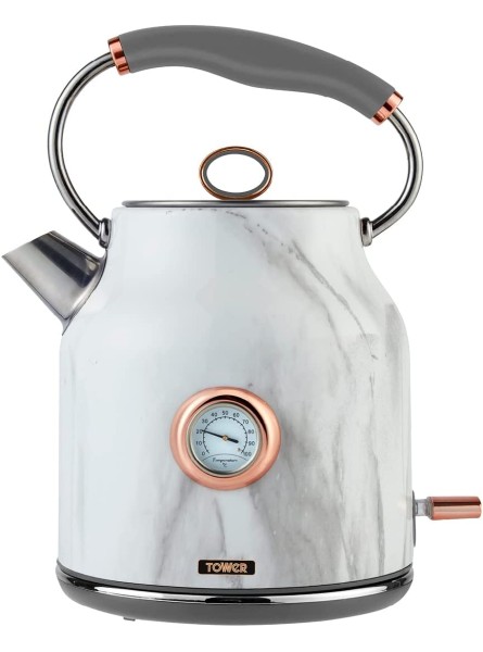 Tower Bottega T10020WMRG Stainless Steel Kettle with Quiet Boil Temperature Dial and Boil Dry Protection 1.7L 3kW White Marble and Rose Gold - CBSAXXMI
