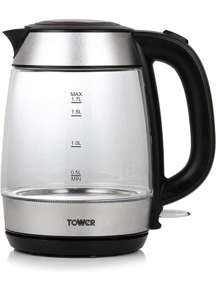 Tower T10040 Fast Rapid Boil Glass Kettle Cordless with Easy Grip Touch Handle Durable Schott Glass Body with Blue LED Illuminations 3000 W 1.7 Litre Stainless Steel Finish - FJFTP17O
