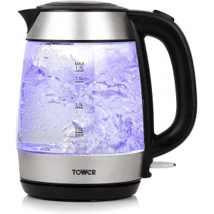 Tower T10040 Fast Rapid Boil Glass Kettle Cordless with Easy Grip Touch Handle Durable Schott Glass Body with Blue LED Illuminations 3000 W 1.7 Litre Stainless Steel Finish - FJFTP17O
