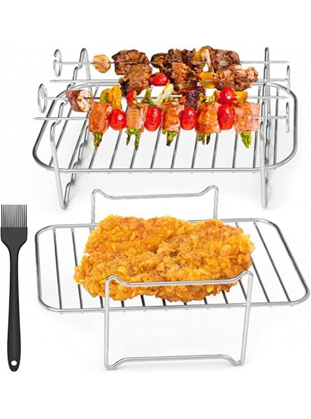 2PCS Air Fryer Rack Air Fryer Double Layer Rack Multi-purpose Air Fryer Accessories Stainless Steel Grilling Rack with 4 Skewers and brush Dual Air Fryer Rack for Barbecue Roasting Oven Air Frye - IDVNE4BY