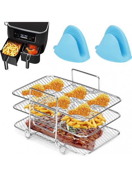 Waflyer Air Fryer Rack for Ninja Dual Air Fryer Food Grade 304 Stainless Steel Multi-Layer Dehydrator Rack Air Fryer Accessories + 2 Silicone Mitts for Ninja Air Fryer AF300UK AF400UK DZ201 DZ401 - WGETKS2I