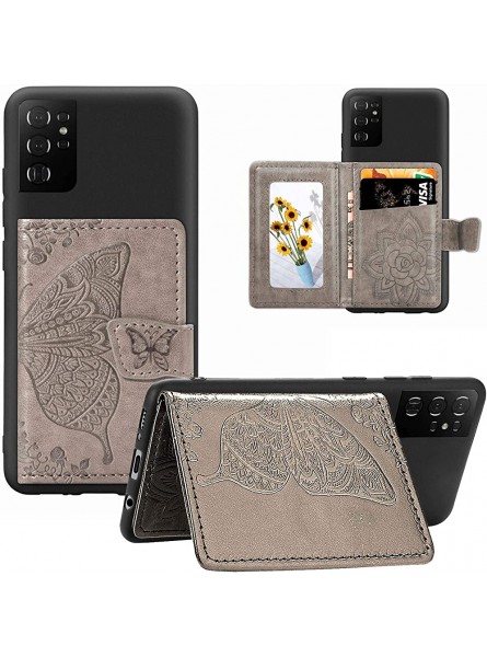 Jorisa Slim Wallet Case for Samsung Galaxy S21 Ultra,Embossed Butterfly Flower PU Leather Folio Flip Magnetic Stand Cover with Card Holder Slots Money Pocket Soft Silicone Bumper Cover,Gray - HRFVGJNA