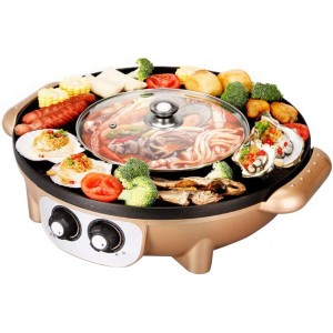 XIATIANDEDIAN Electric Korean BBQ Grill Hot Pot Tabletop Grill and Fondue Smokeless and Non-stick Integrated Cooker Pot Electric Hot Pot Electric Barbecue Electric Baking Pan,GoldRoundpot - EQEFI347
