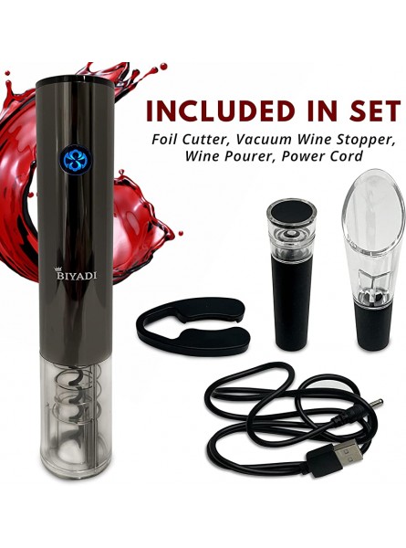 BIYADI Electric Wine Opener Set Rechargeable Wine Bottle Opener Automatic Electric Corkscrew Opener for Wine with Foil Cutter Wine Pourer Vacuum Stopper and USB charger Wine Lover Gift Set - MWVZRE48