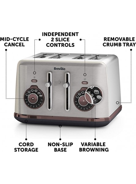 Breville Bread Select 4-Slice Toaster | Temperature Control & High Lift | Wide Slots & Independent 2-Slice Controls | Brushed Nickel Silver Grey [VTT953] - GMDTXROA
