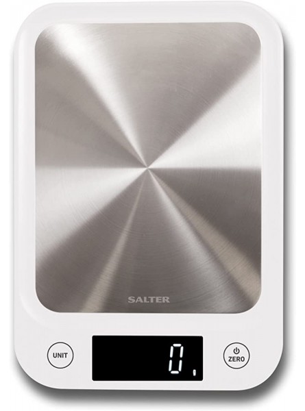 Salter 1105 SSWHDR Stainless Steel Electronic Scale 5 KG Maximum Capacity Digital Slim Design Easy to Clean Backlit Display Measures Liquids and Fluids White - BYUPD2MM