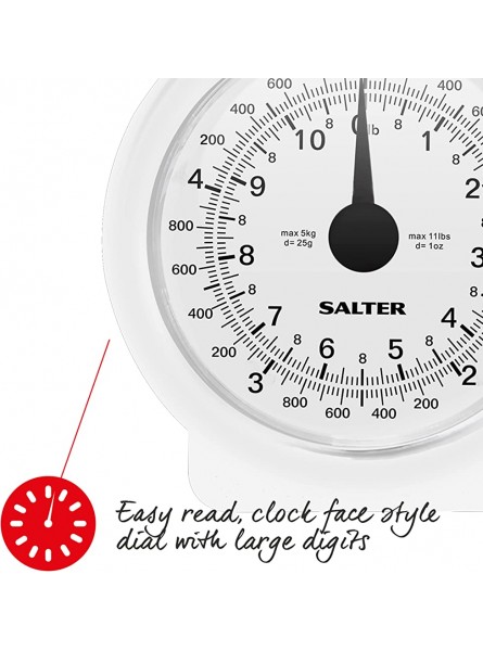 Salter 112 WHWHDR Mechanical Kitchen Scale 3 KG Maximum Capacity Analogue Easy to Read Dial Dishwasher Safe Compact Storage 1 L Detachable Bowl Battery Free White - ICFKED3U