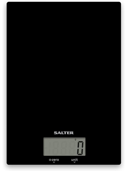 Salter Ultra Slim Digital Kitchen Scales Stylish Glass Wipe Clean Platform Electronic Cooking Food Weighing for Home Weigh up to 5kg+ Aquatronic Function for Liquids Black 15 Year Guarantee - NADZPDRF